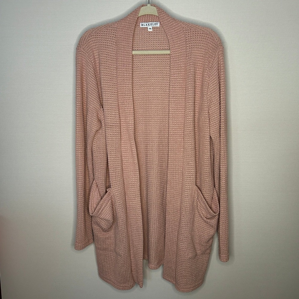 Blakeley Lola Blush Waffle Knit Open Front Cardigan Sweater Pockets Women L NWOT